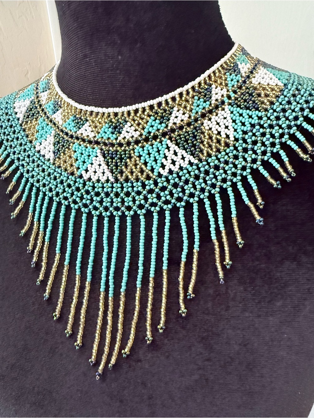 Turquoise Gold Beaded Statement Bib Collar Necklace Fringe Boho